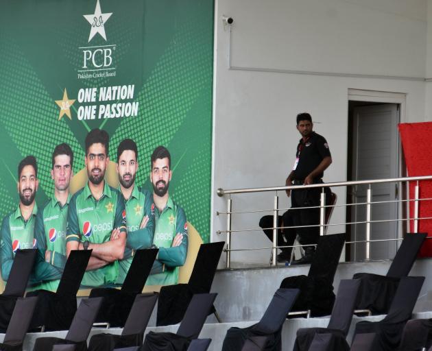 Pakistani security personnel in the Pindi Stadium after the cancellation of the Black Caps tour....