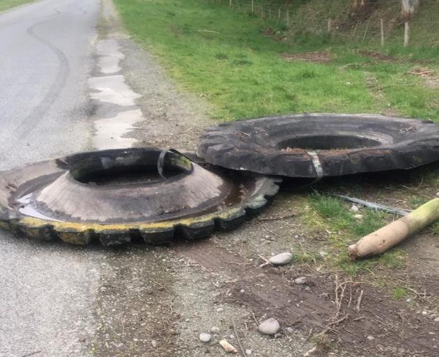 Tractor tyres dumped by the roadside in Templeton. Photo: Supplied