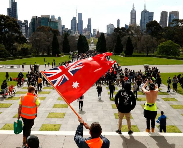 Protesters gather at the Shrine of Remembrance in Melbourne on Wednesday. Photo: Getty Images 