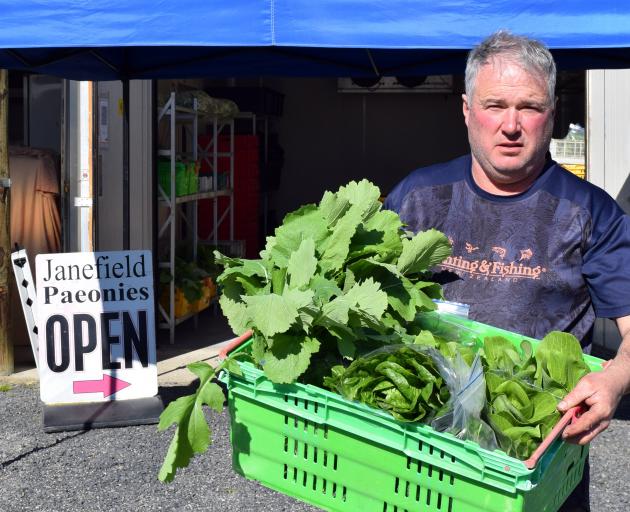 Janefield Paeonies and Hydroponics owner Rodger Whitson sells his produce at his gate during...