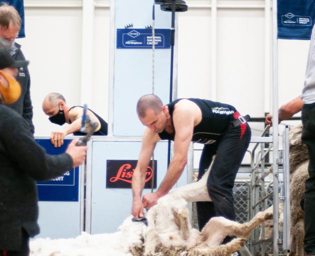 Invercargill shearer Nathan Stratford on his way to securing the open shearing title.