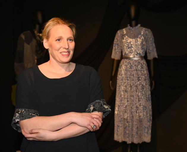 Charmaine Reveley and her entry in the Otago Museum exhibition ‘‘Fashion FWD>>’’. PHOTO: LINDA...