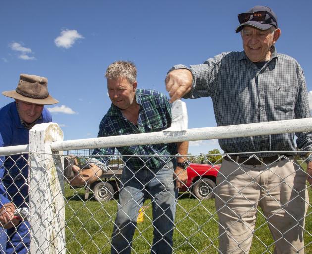 David Adams, Andrew Benny and Gordon Michael paint a fence at the Ellesmere Showgrounds. Photo:...