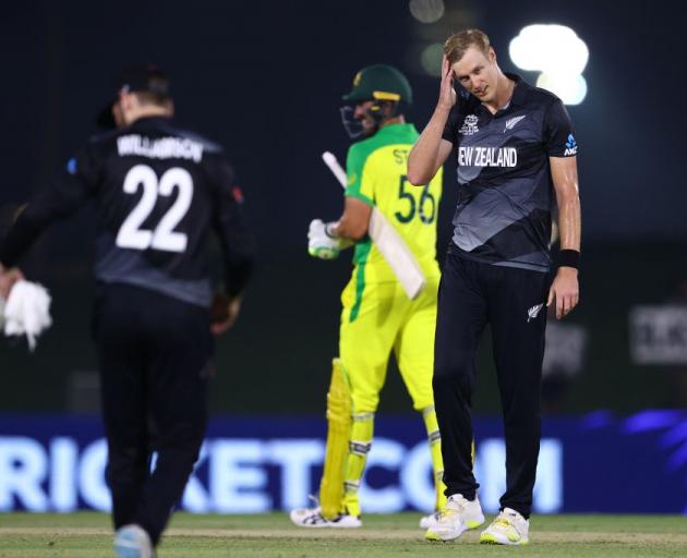 Black Cap Kyle Jamieson shows his frustration after conceding the winning runs scored by...