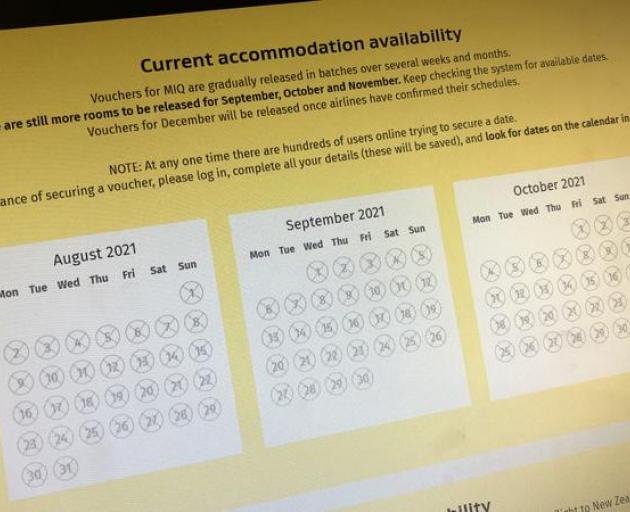 The Managed Isolation and Quarantine online booking page with no availability. Photo: RNZ