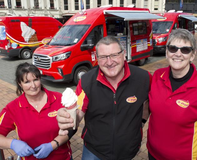 Mr Whippy Dunedin manager Carmen Copland (left) with Steve and Linda Mitchell in the Octagon on...