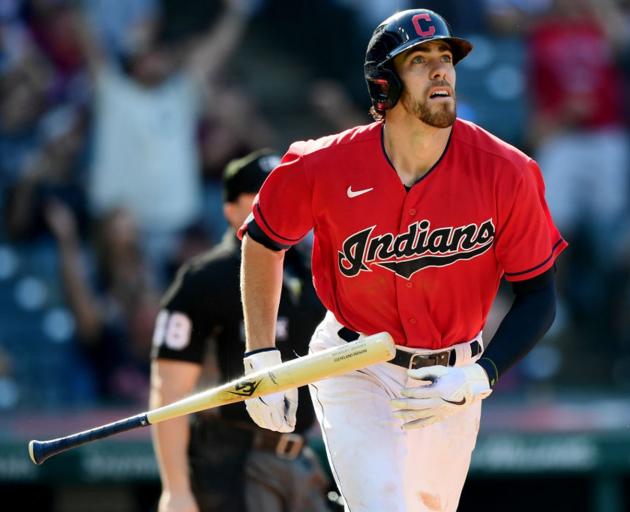 Cleveland Indians centre fielder Bradley Zimmer tosses his bat after hitting a home run off...