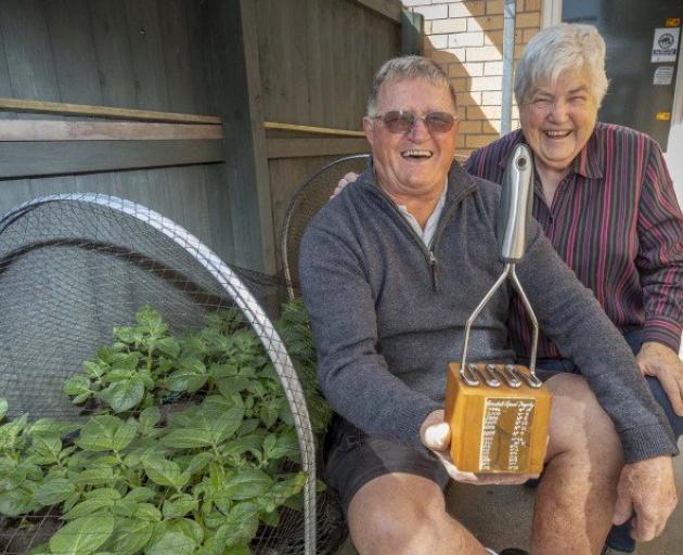 Current potato growing trophy-holder Dick Jones, with Shirley Popplewell who is again organising...