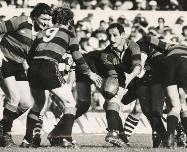 Jock Hobbs feeds the ball to Bruce Deans during Canterbury’s captivating tenure-ending Ranfurly...