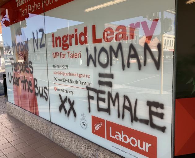 Graffiti on the windows at Taieri MP Ingrid Leary's office in South Dunedin. Photos Stephen Jaquiery