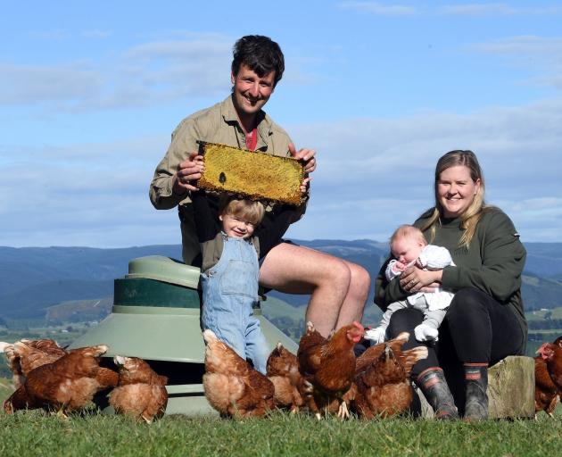 Taieri sheep and beef farmers Josh and Ellie Adam have added beekeeping and hens to their farming...