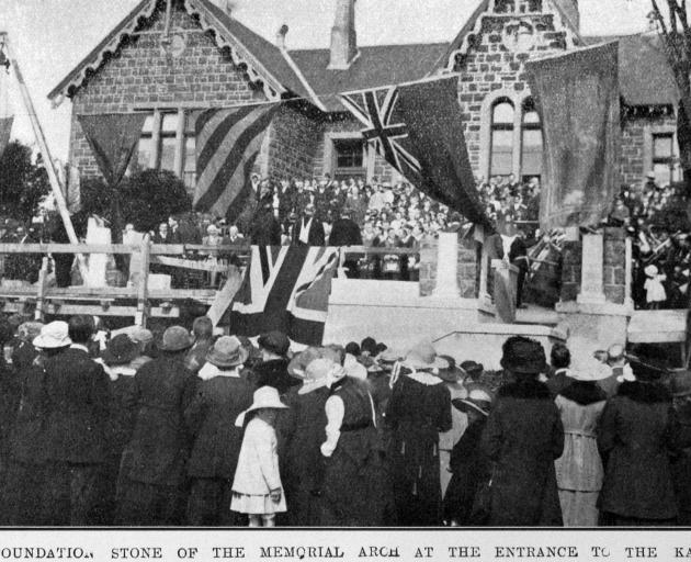 Laying the foundation stone for a memorial arch at Kaikorai School. — Otago Witness, 8.11.1921....