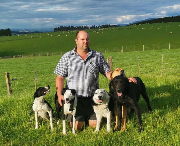 Levi McCall at home on his Waikoikoi farm with his team of dogs. PHOTO: BECKY MCCALL
