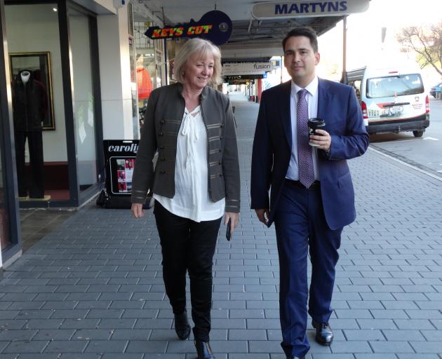 Mrs Dean takes a walk on Oamaru’s Thames St with then party leader Simon Bridges in 2018. PHOTO:...