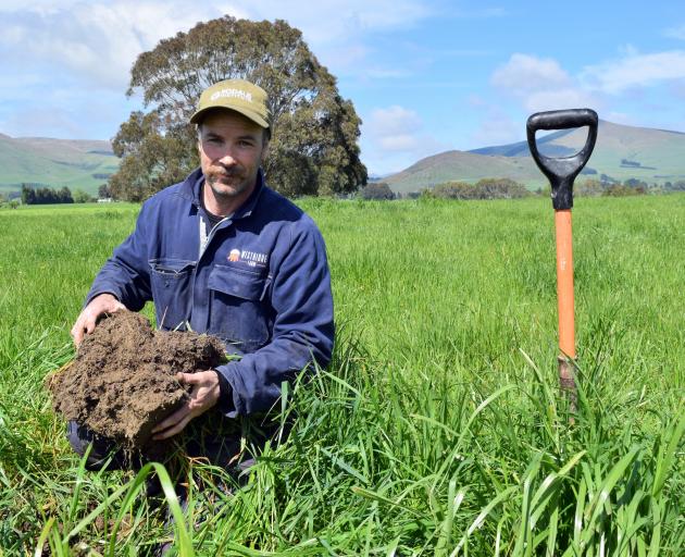 Westridge Farm owner Mark Anderson inspects soil on his dairy farm in South Otago last week....