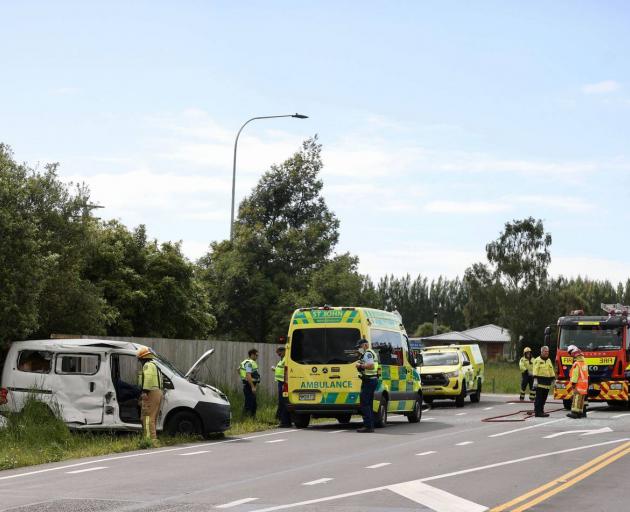 Emergency services at serious car crash between Rangiora and Woodend. Photo: George Heard