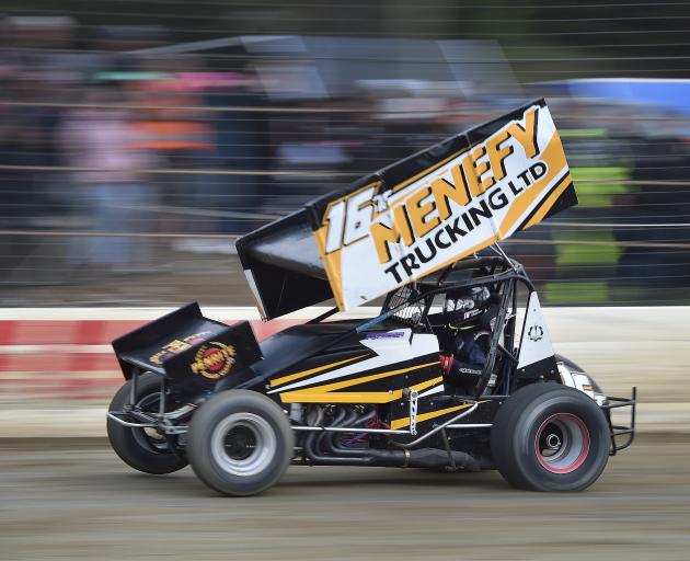 Mathew Anderson speeds around the circuit in the sprint car heats at Beachlands Speedway on...