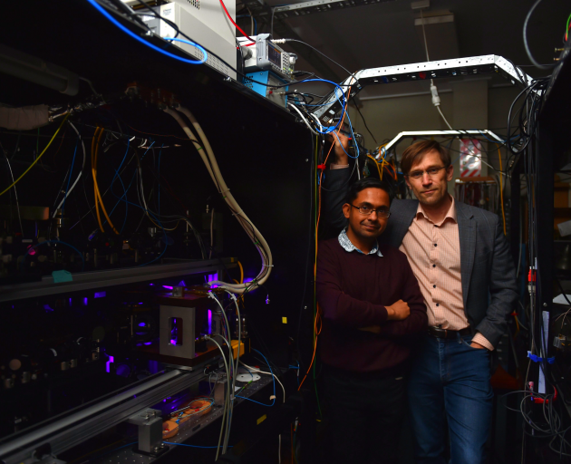 University of Otago physics researchers Amita Deb (left) and Niels Kjaergaard in their laboratory yesterday. PHOTO: GREGOR RICHARDSON