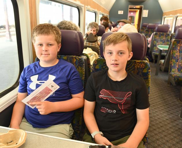 Waiting to leave on the Victorian Train to Oamaru are Ollie Ronald (10, left) and Jacob Terry (11...