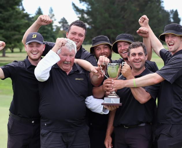 Taranaki players celebrate victory at the New Zealand interprovincial men’s golf tournament at...