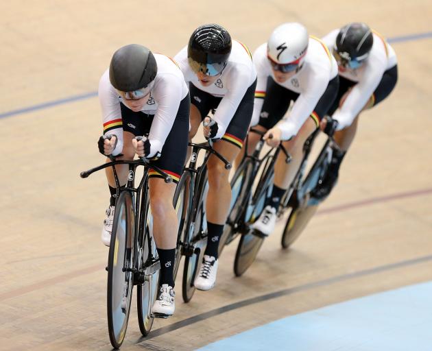 Racquel Sheath, Rushlee Buchanan, Jaime Nielsen and Bryony Botha compete in the Women 4000m Team Pursuit event at the velodrome in Invercargill. Photo: ODT file