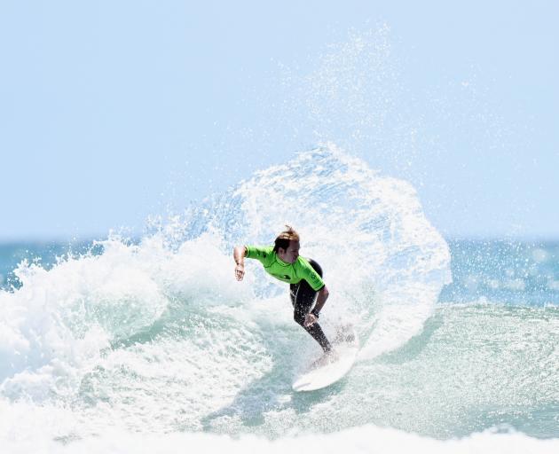 Raglan’s Billy Stairmand in action in the open men’s semifinals at the national surfing...