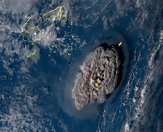 A satellite image captures the eruption of the underwater Hunga-Tonga-Hunga-Ha’apai volcano....