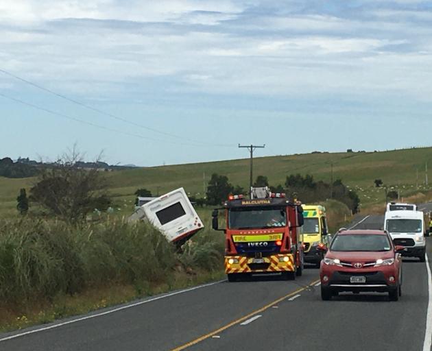 A ute and caravan came off SH1 and came to rest in a paddock this afternoon. Photo: Richard Davison A ute and caravan came off SH1 and came to rest in a paddock this afternoon. Photo: Richard Davison