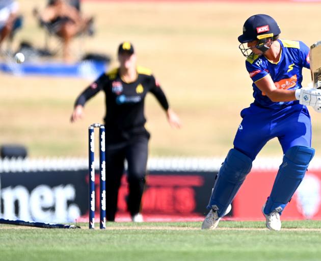 Otago's Kate Ebrahim is clean bowled by Sophie Devine in the Super Smash final in Hamilton today....