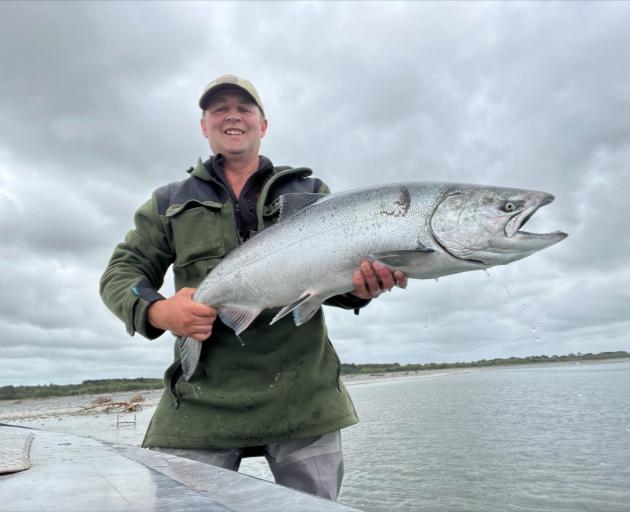 Simon McMillan caught an 8.95kg fish on the Rakaia River, his biggest salmon since 2013. Photo:...
