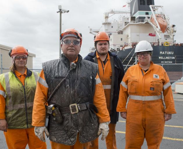 Oil tanker MT Matuku crew members (from left) Santana Hiko (left), Hector Thorpe, Tom Langford...