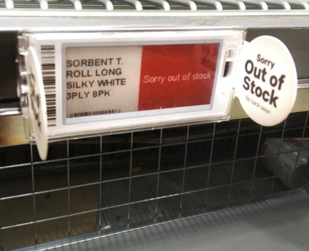 Stocks are down ... Signs on shelves at Pak’nSave in South Dunedin yesterday.PHOTOS: CHRISTINE O...