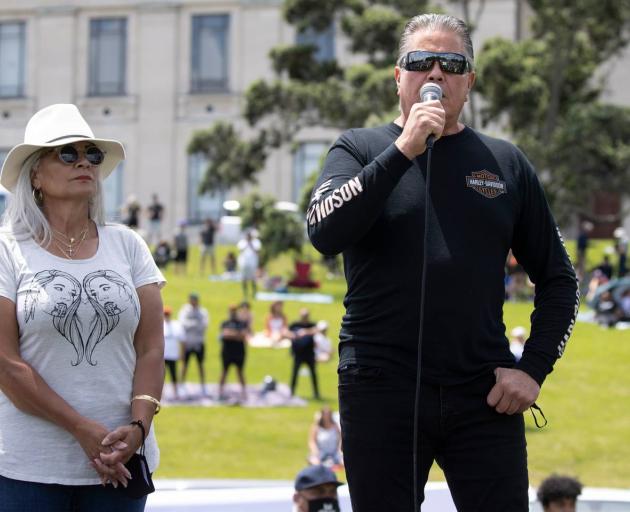 Brian Tamaki and his wife Hannah speak at the Auckland Domain protest on November 20, 2021. Photo...