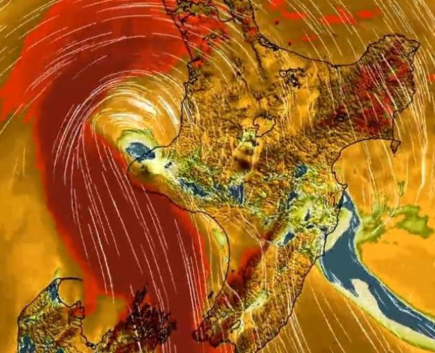 Ex Cyclone Dovi as it approaches New Zealand on 13 February 2022. Photo: @Niwaweather Ex Cyclone Dovi as it approaches New Zealand on 13 February 2022. Photo: @Niwaweather