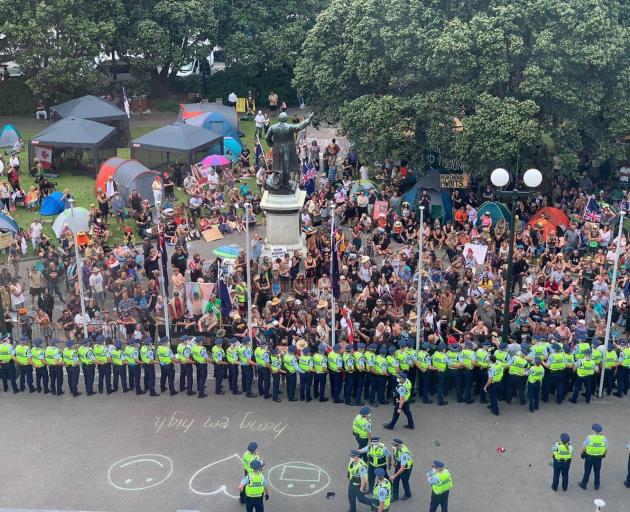 A chilling message was left on the forecourt of parliament as thousands of protesters camped out calling for an end to vaccine mandates and passports. Photo: Nicola Willis