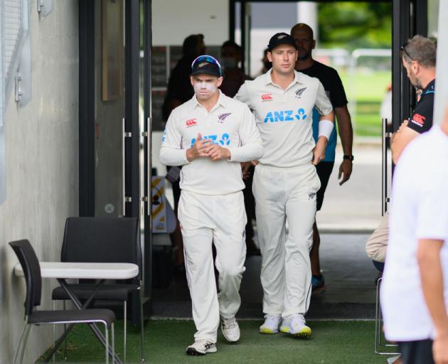 Tom Latham leads New Zealand onto Hagley Oval during the triumphant first test against South...