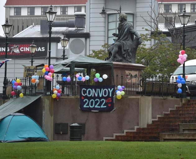 Protesters continue their stand in the Octagon in Dunedin yesterday morning. PHOTO: GREGOR...