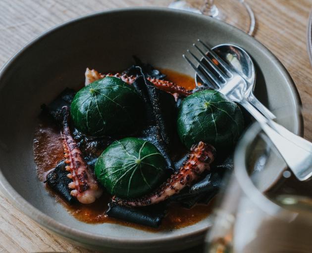 Scott’s squid, caught off the Auckland Islands, with a fermented pork "meatball" wrapped in...