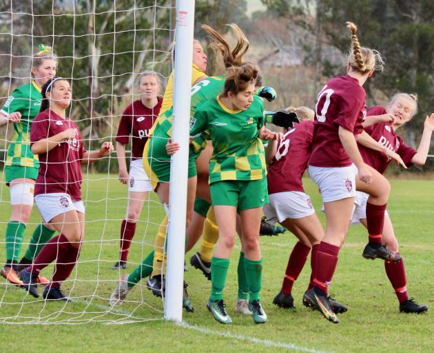 Goalmouth action from the game between Dunedin Technical and Green Island last season. Technical...