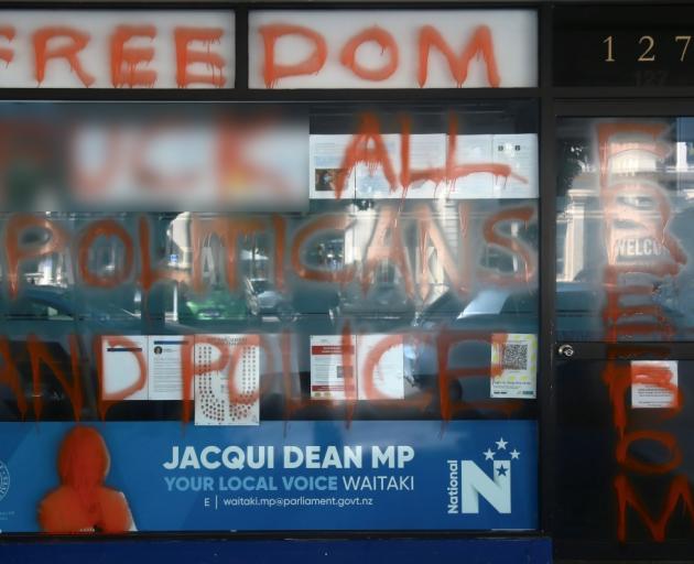 Graffiti on the Oamaru office of National MP Jacqui Dean. Photo: Rebecca Ryan