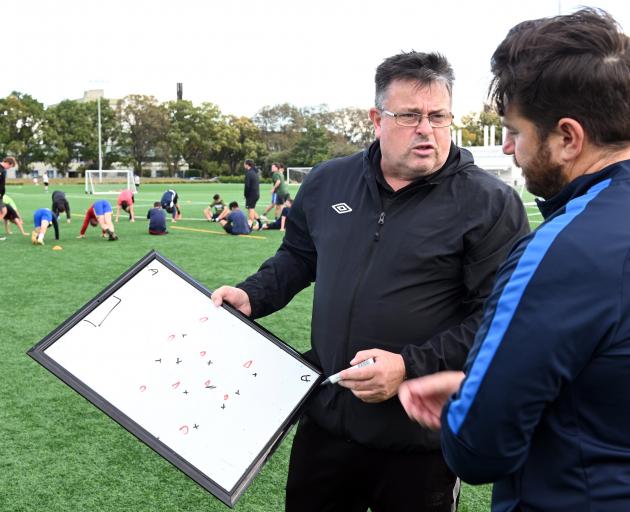 Co-coaches Malcolm Fleming (left) and Rory Crow discuss the plans for Mosgiel AFC’s training...