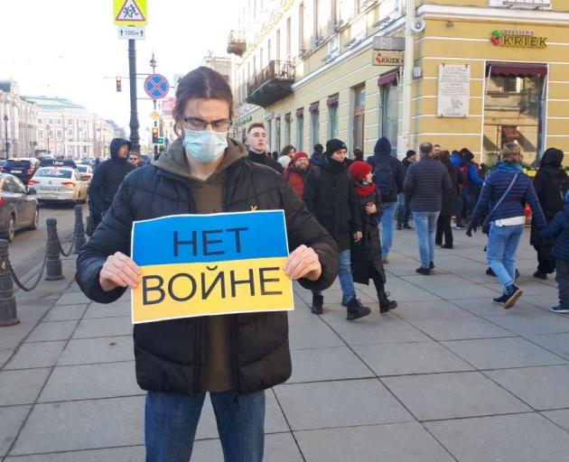 This brave anti-war protester asked the ODT's contact in St Petersburg to take a photograph of him with his ‘‘No to War’’ sign despite a heavy police presence in the city. PHOTO: SUPPLIED