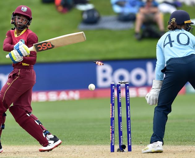 West Indies batsman Shemaine Campbelle is bowled in front of Jones.