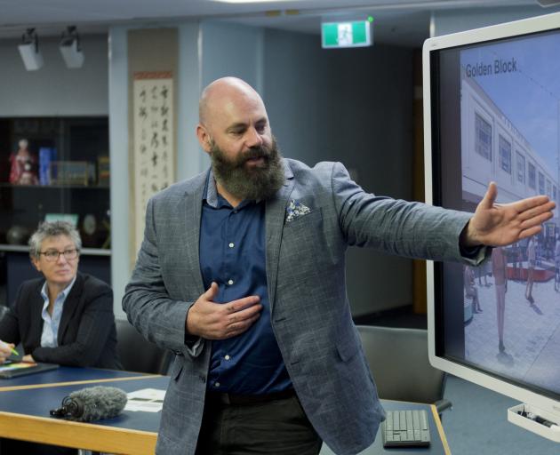 The Dunedin City Council's central city project plan director Dr Glen Hazelton unveils the plans,...