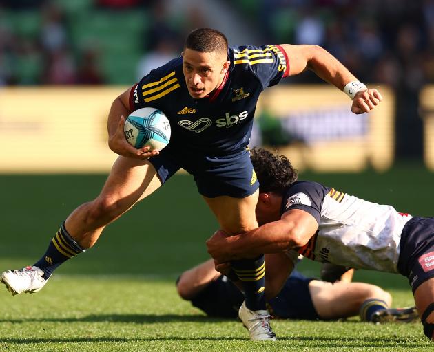 Freedom Vahaakolo of the Highlanders is tackled during his side’s round 10 Super Rugby Pacific...