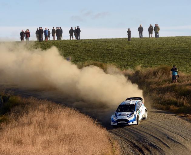 Robbie Stokes, fourth overall in the Otago Rally in his Ford Fiesta, powers through a downhill...