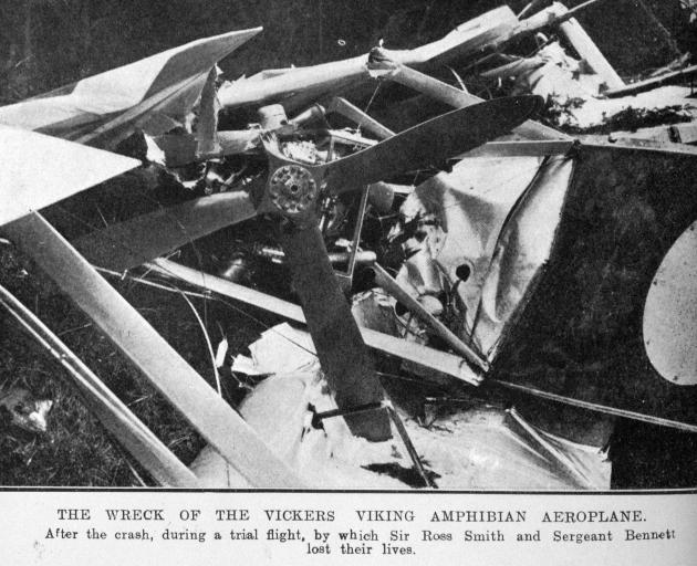 Wreck of the Vickers Viking amphibian aircraft after a crash, during a trial flight, by which...