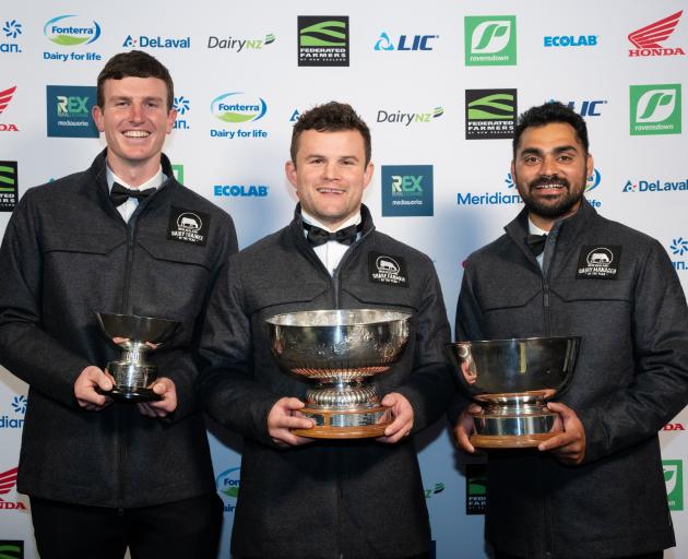 Dairy trainee of the year Peter O’Connor (left), sharefarmer of the year Will Green and farm...