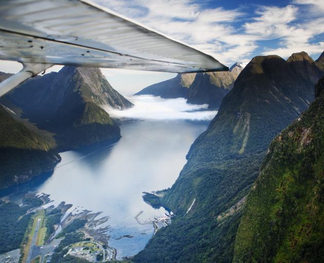 Milford Sound from the air, featuring airport below. Photo: Getty Images