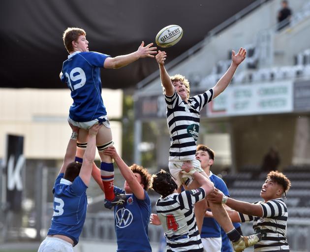 Otago Boys’ and Southland Boys’ contest a lineout during the First XV final at Forsyth Barr...